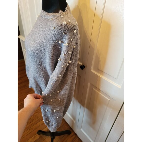 Gray Cropped Sweater Pearl Accent Belle L Feminine Dainty Embellished Fairy - Picture 3 of 6